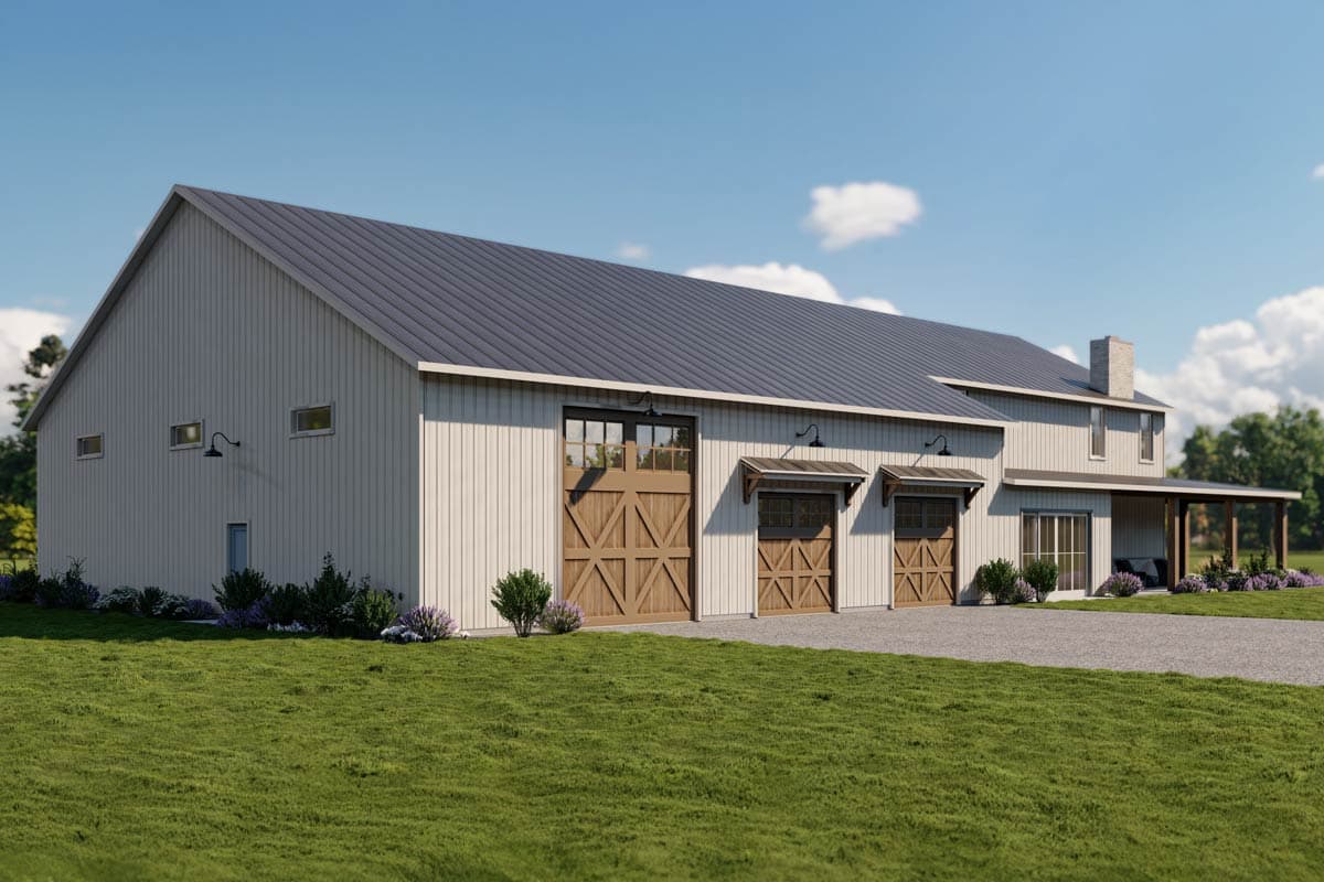 Modern Farmhouse house plan exterior with metal roof, vertical siding, multiple garage doors, and covered porch.