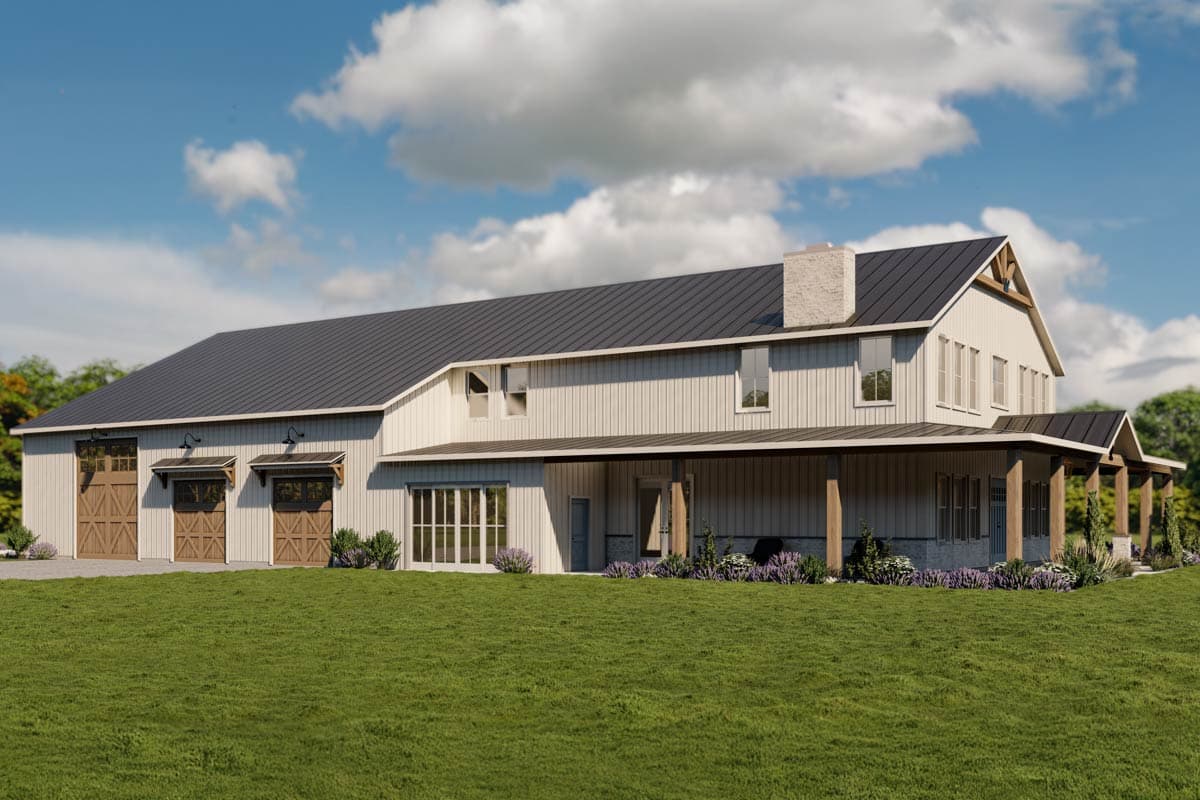 Modern Farmhouse house plan exterior with dark metal roof, large covered porch, and three garage doors.