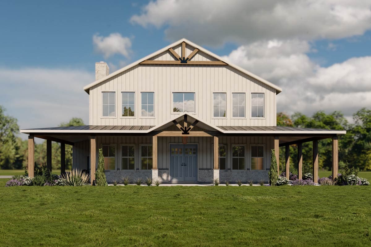 Modern Farmhouse house plan exterior with wraparound porch, prominent gables, and stone accent base.