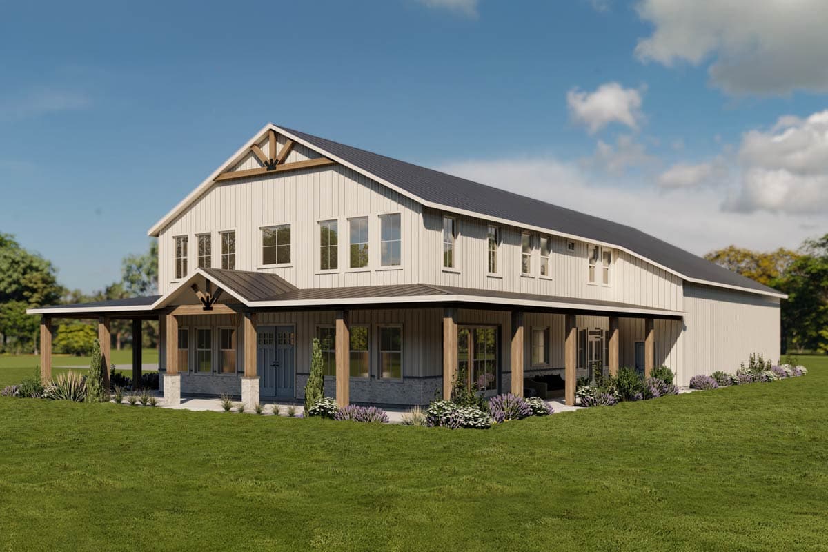Two-story Modern Farmhouse plan exterior with wraparound porch, vertical siding, and exposed rafter tails.