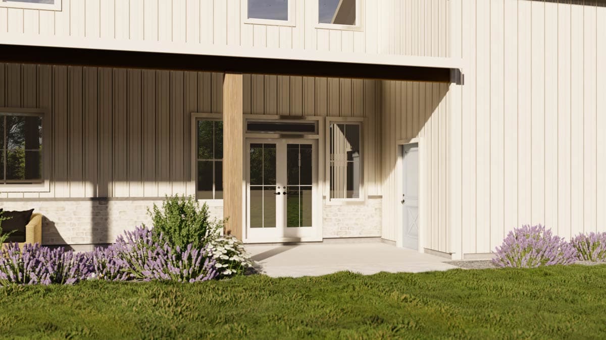House plan exterior: Covered porch with double doors, windows, and vertical siding.