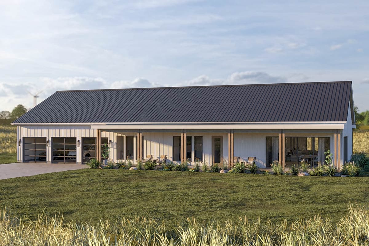 House plan exterior with modern farmhouse style, single story, and a metal roof. Features include a covered porch, and a two-car garage.