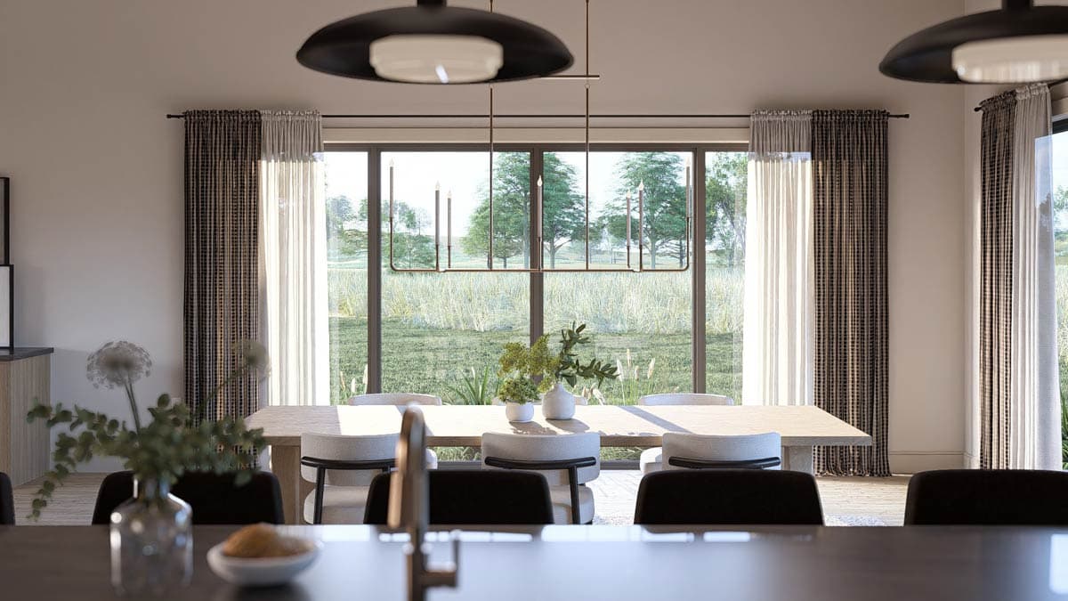 Dining room rendering with wood table, chairs, chandelier, and large windows overlooking a field.