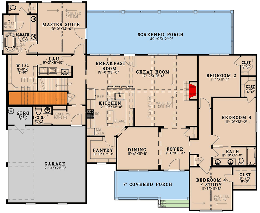 Plan 70919MK: 4-Bed Modern Farmhouse Plan with Lower Level Game Room - 3369 Sq Ft - Floor Plan - Main Level - Country, Farmhouse, Modern Farmhouse