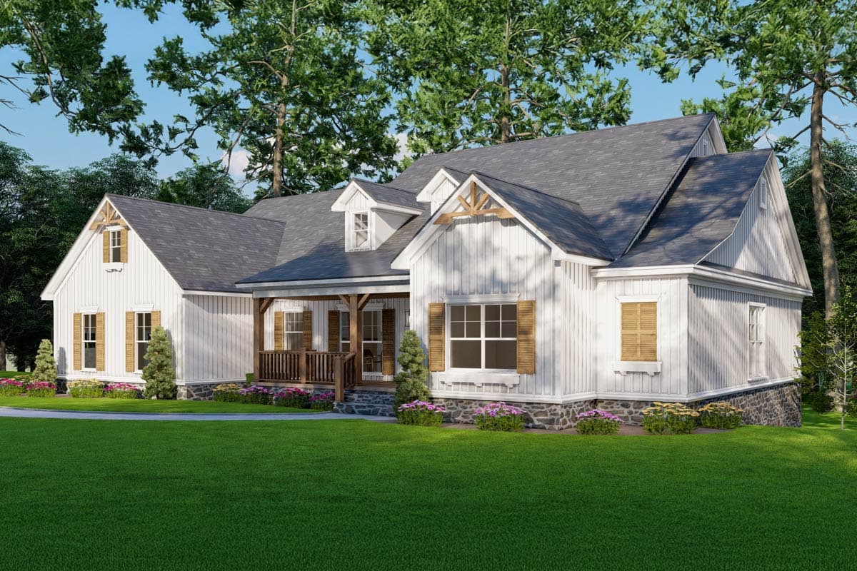 Modern Farmhouse house plan exterior with covered porch, gable dormers, and stone foundation.