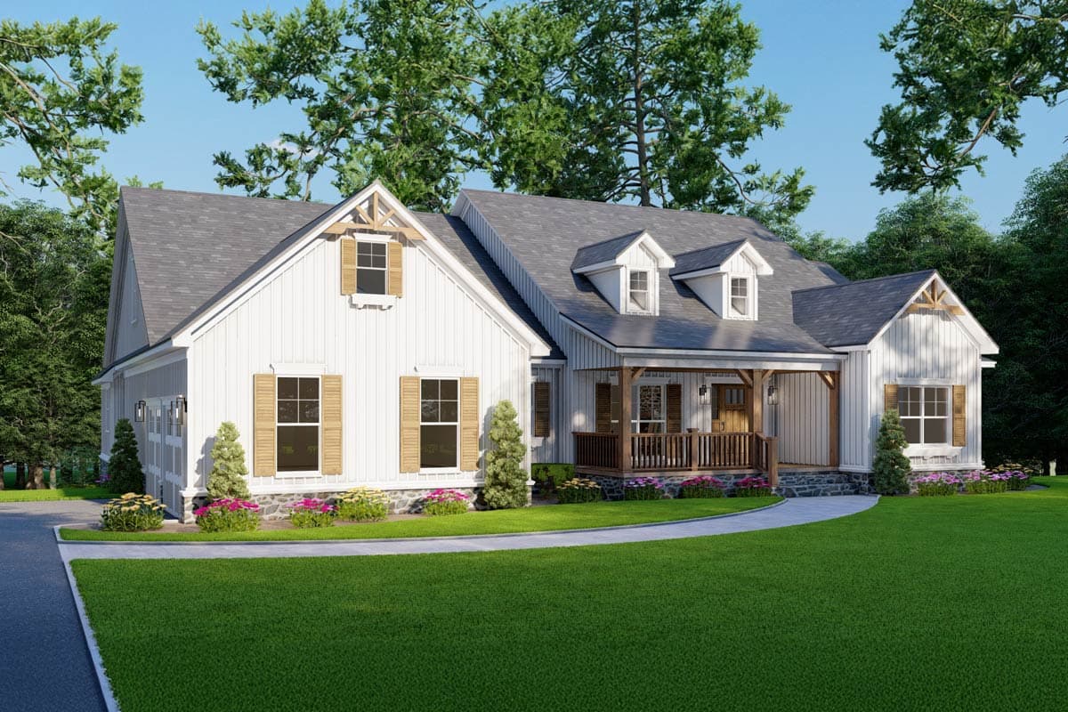 Modern Farmhouse house plan exterior with gabled dormers, a covered porch with wooden supports, and board and batten siding.