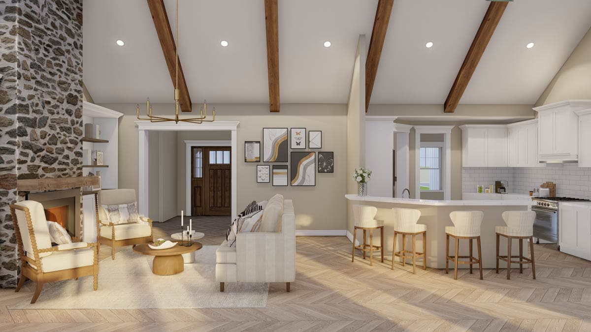 Interior rendering of a great room with stone fireplace, vaulted beamed ceiling, and open kitchen with island.