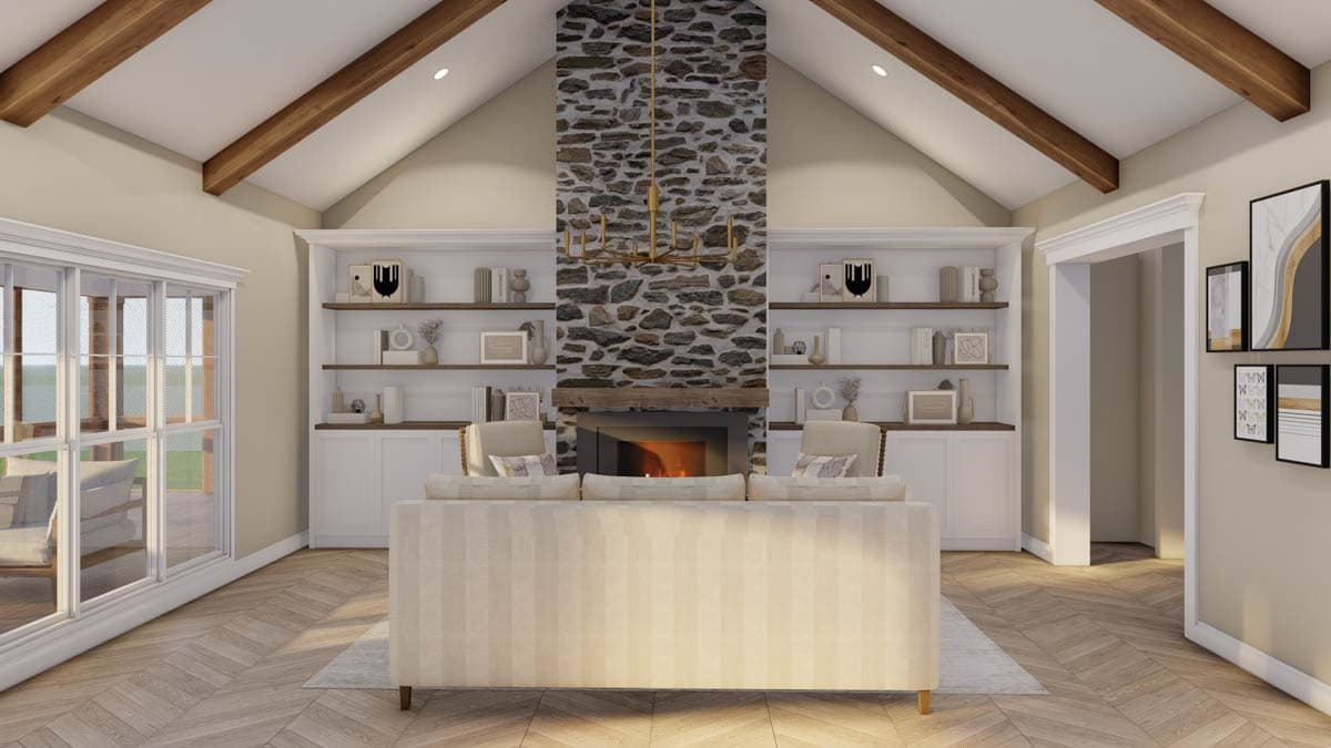 Interior rendering of a living room with vaulted wood beam ceiling, stone fireplace, built-in bookcases, and large windows.