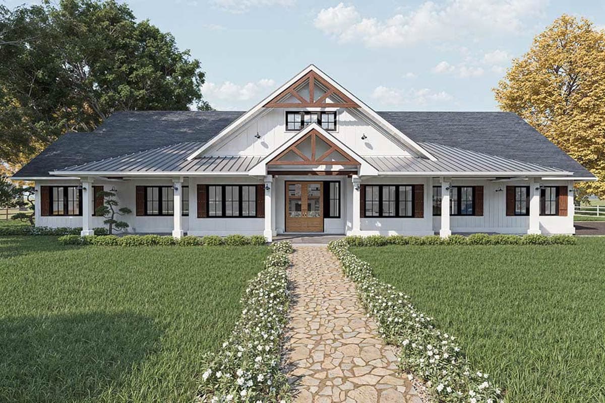 House plan exterior featuring a Farmhouse style with a front porch, gables with exposed timber framing, and a metal roof.