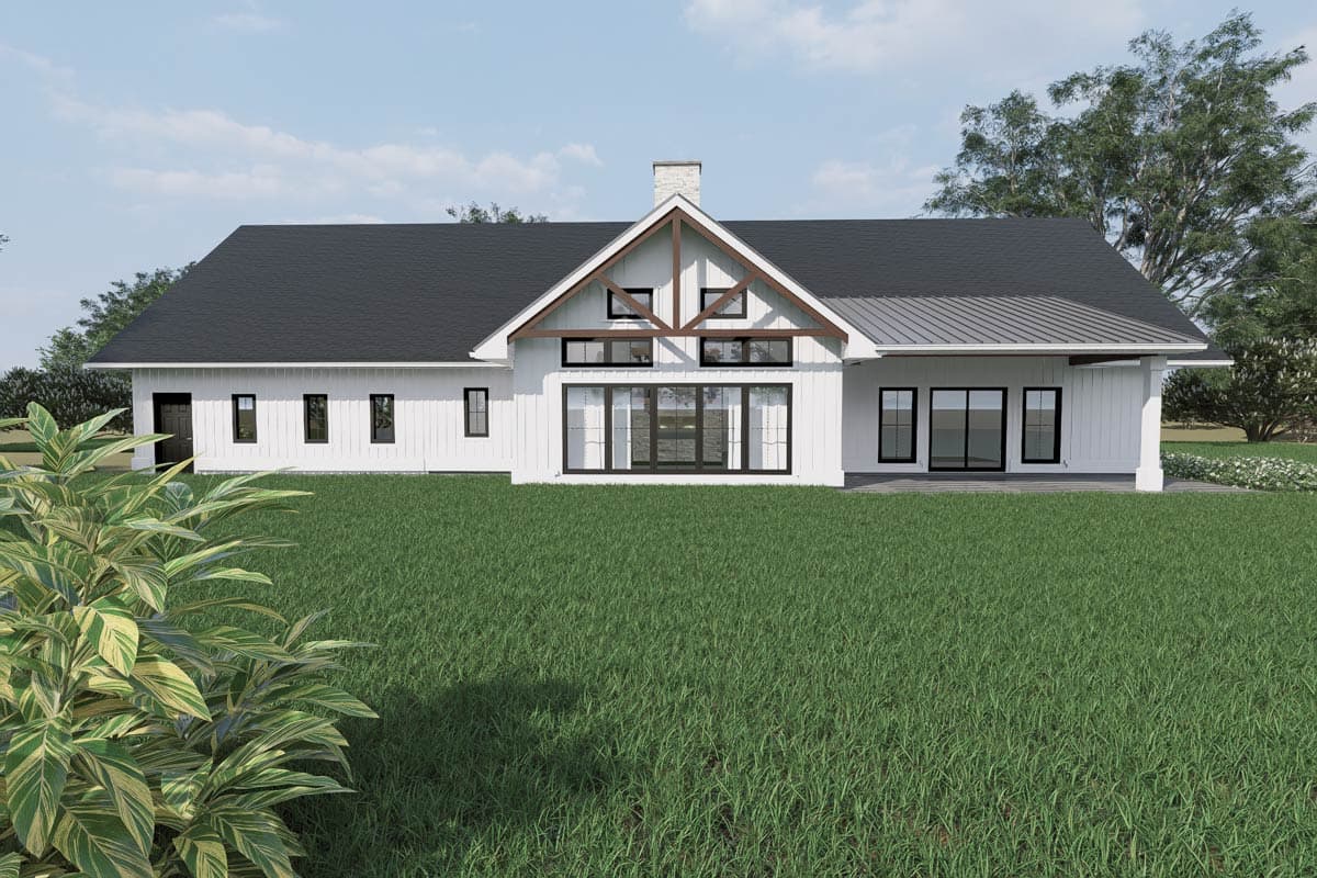 House plan exterior: Modern Farmhouse style, one story, white board and batten siding, gabled roof, large windows, and covered patio.