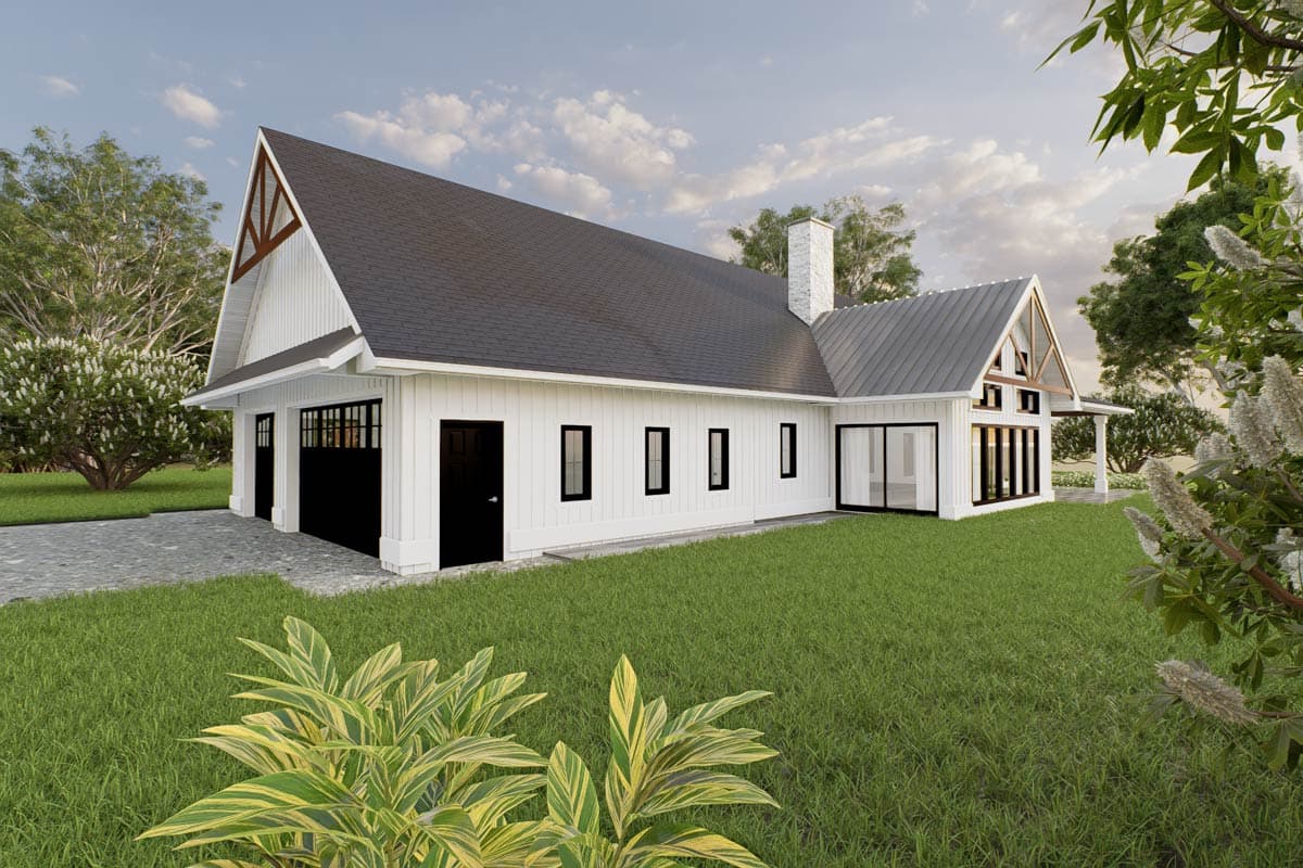 Modern Farmhouse house plan exterior: two-car garage, prominent gables with exposed beams, and a standing seam metal roof.