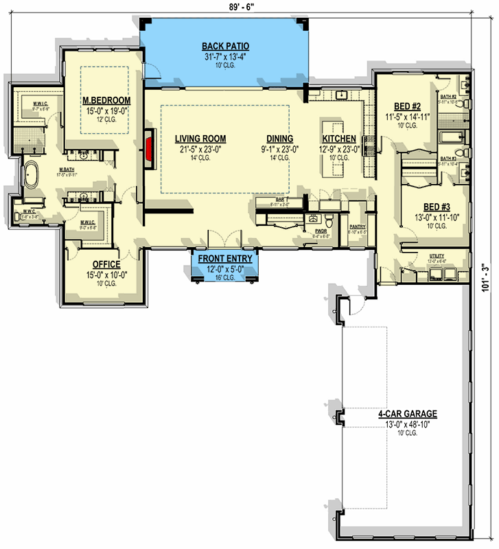 Plan 307740RAD: Single-Story Transitional House Plan with Home Office - 3240 Sq Ft - Floor Plan - Main Level - Hill Country, Transitional