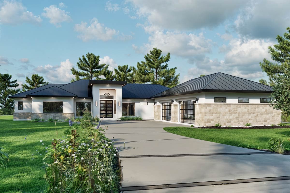 House plan exterior. Modern style, single story home with flat roof, attached garage with glass doors, and recessed entry.