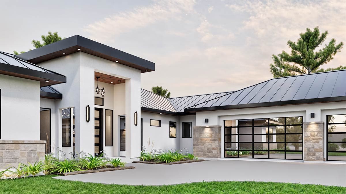 Modern house plan exterior with stucco finish, metal roof, stone accents, a covered entry, and a three-car garage.