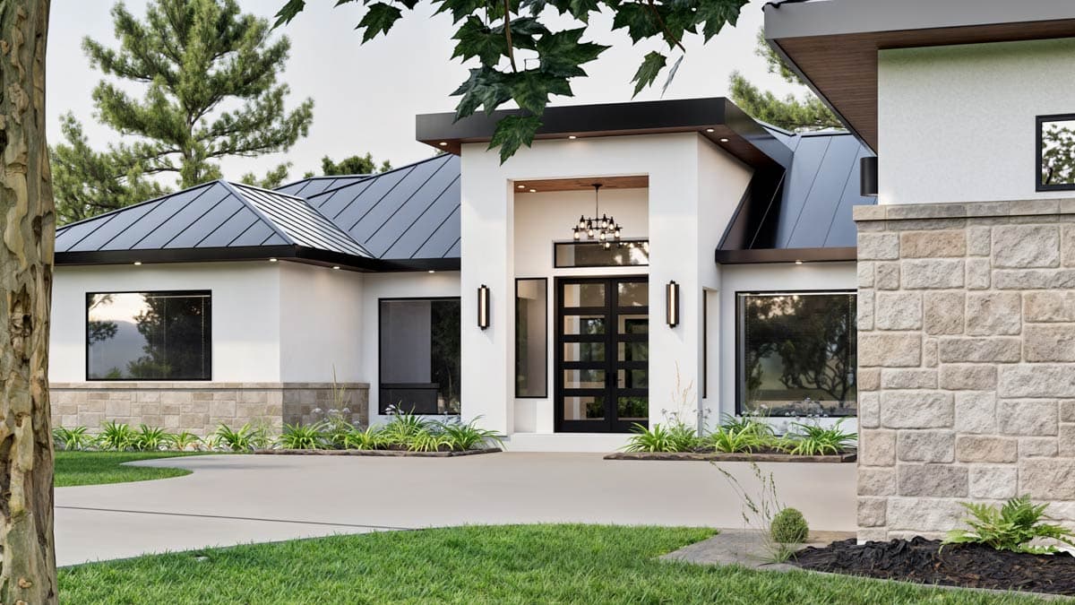 Modern house plan exterior with multiple gables, stone accents, and a central glass entry with geometric doors.