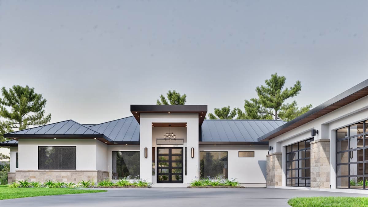 Modern house plan exterior with a flat roof, stone accents, a prominent entryway with glass doors, and a three-car garage.