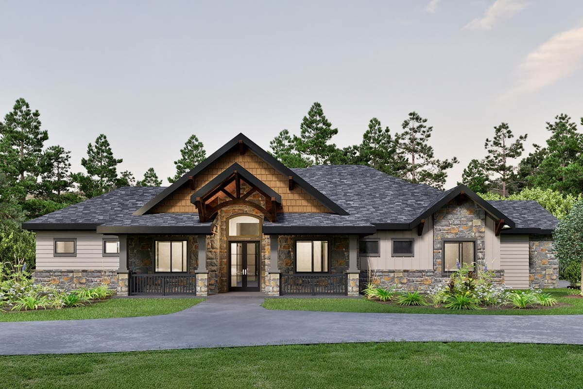 House plan exterior. Craftsman style with a single story, stone facade, covered porch, and gabled roof with decorative timber accents.