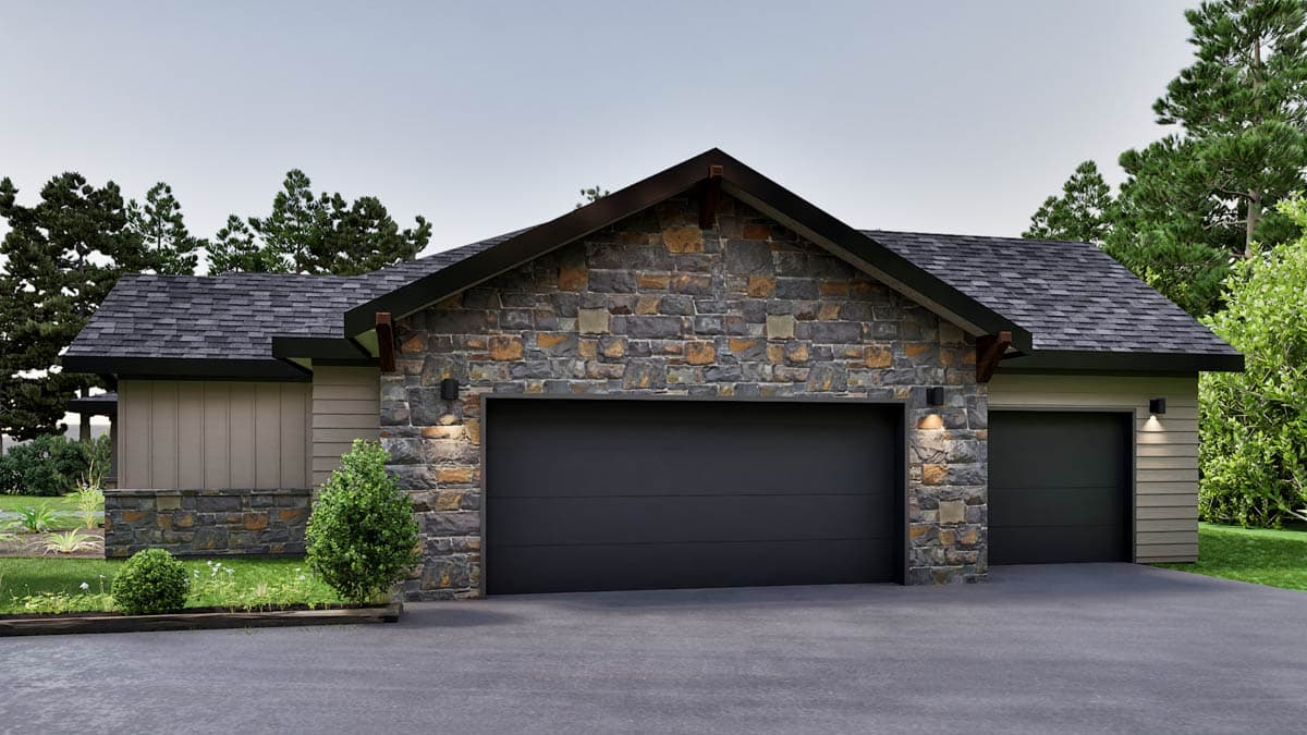 House plan exterior with stone facade, two-car garage, siding, and exposed rafter tails.