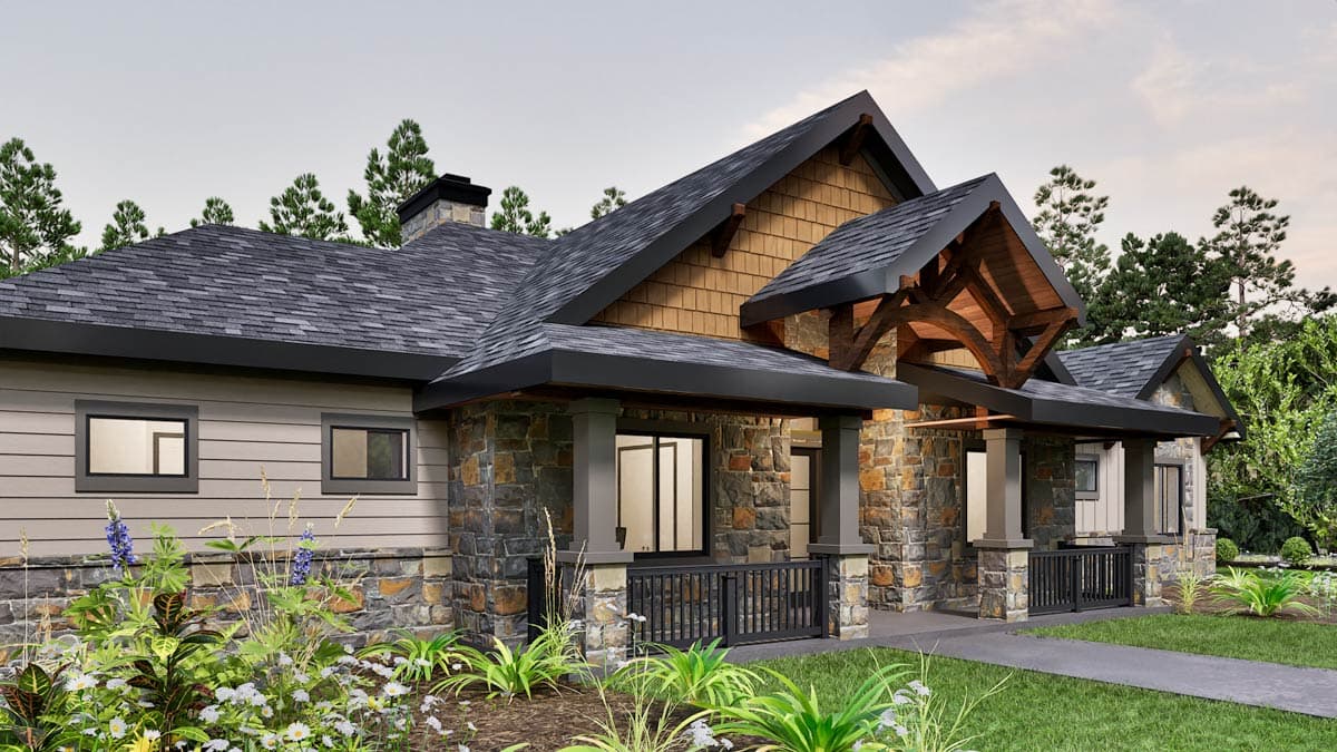 House plan exterior: Modern lodge style, one story, stone and shingle siding, prominent timber framing over porch.
