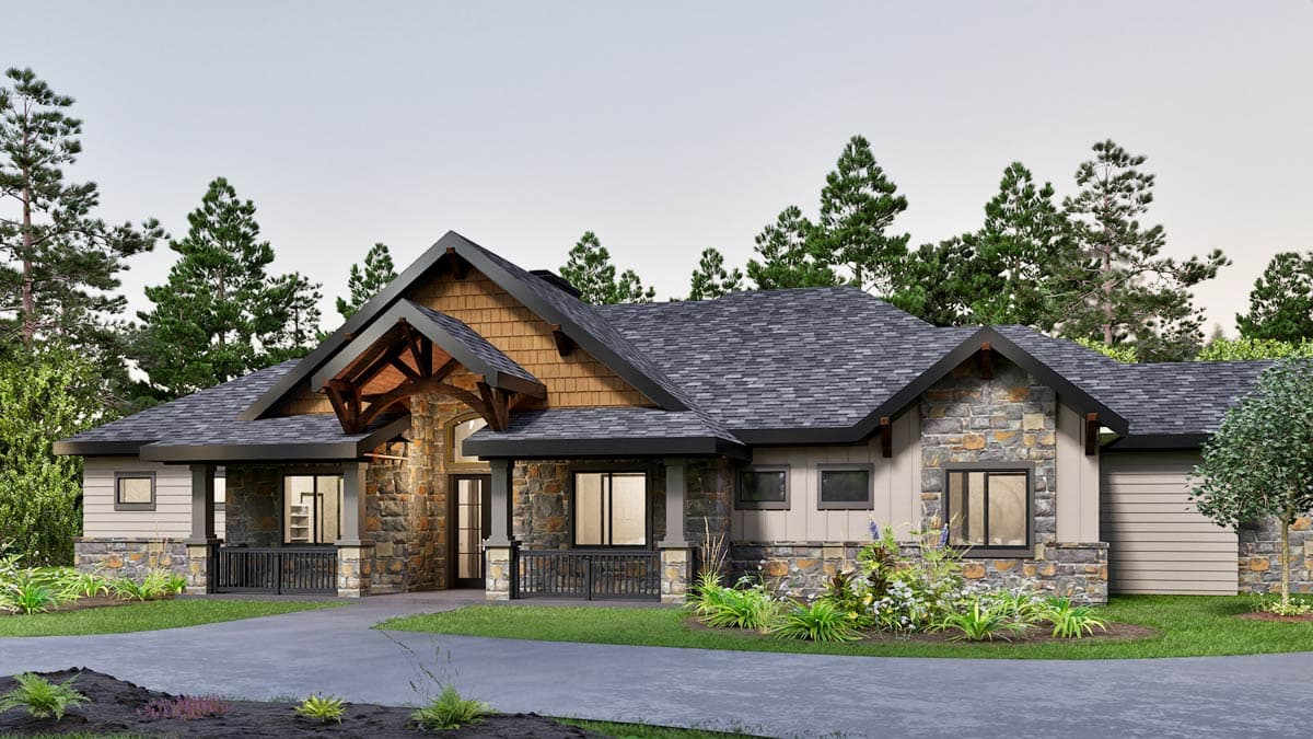 House plan exterior: single-story Modern Farmhouse with stone accents, a covered entry porch, and prominent gables.
