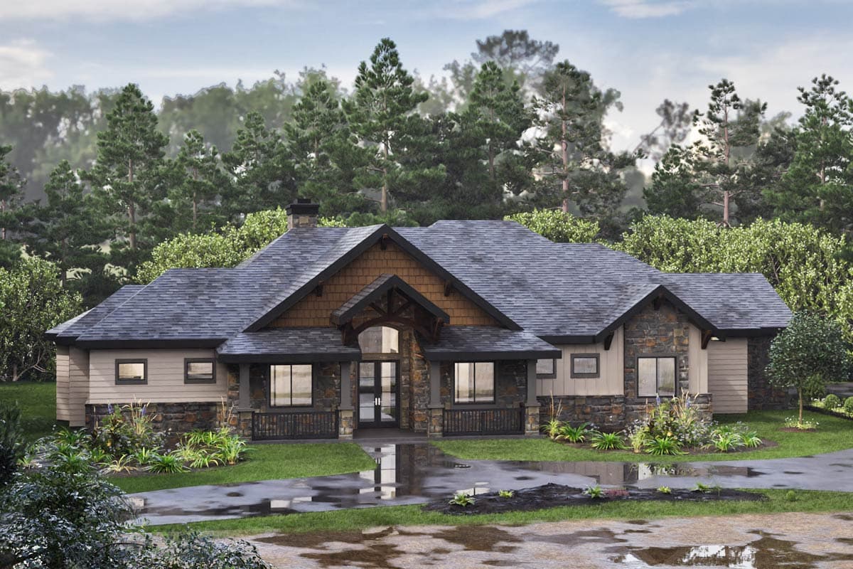 House plan exterior, one story, stone and wood facade, covered entryway with gabled roof and exposed beams, dark asphalt shingles.