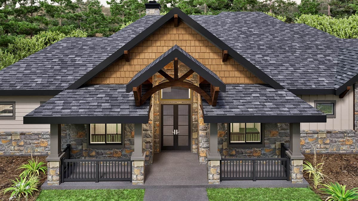 House plan exterior: Modern Craftsman style, two stories, covered porch with stone pillars, wood truss entrance.