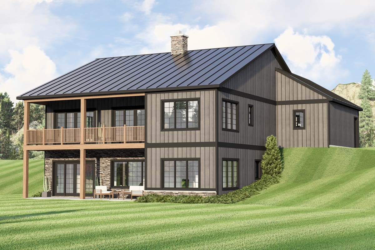 Modern Farmhouse house plan exterior, two stories, with a wraparound deck, metal roof, and stone accents.