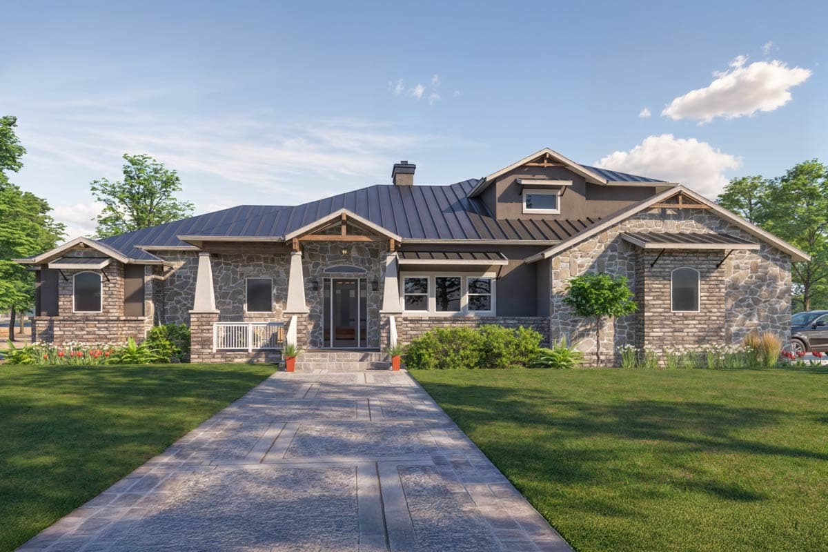 House plan exterior with stone veneer, gabled roof, and covered entry porch with timber framing detail.