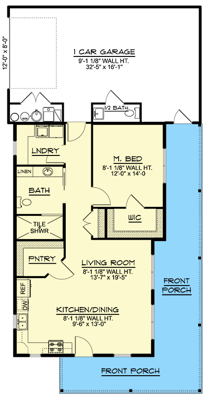 Plan 135340GRA: 1-Bed Country House Plan with Wrap-Around Porch Under 1000 Sq Ft - Floor Plan - Main Level - Country, Ranch