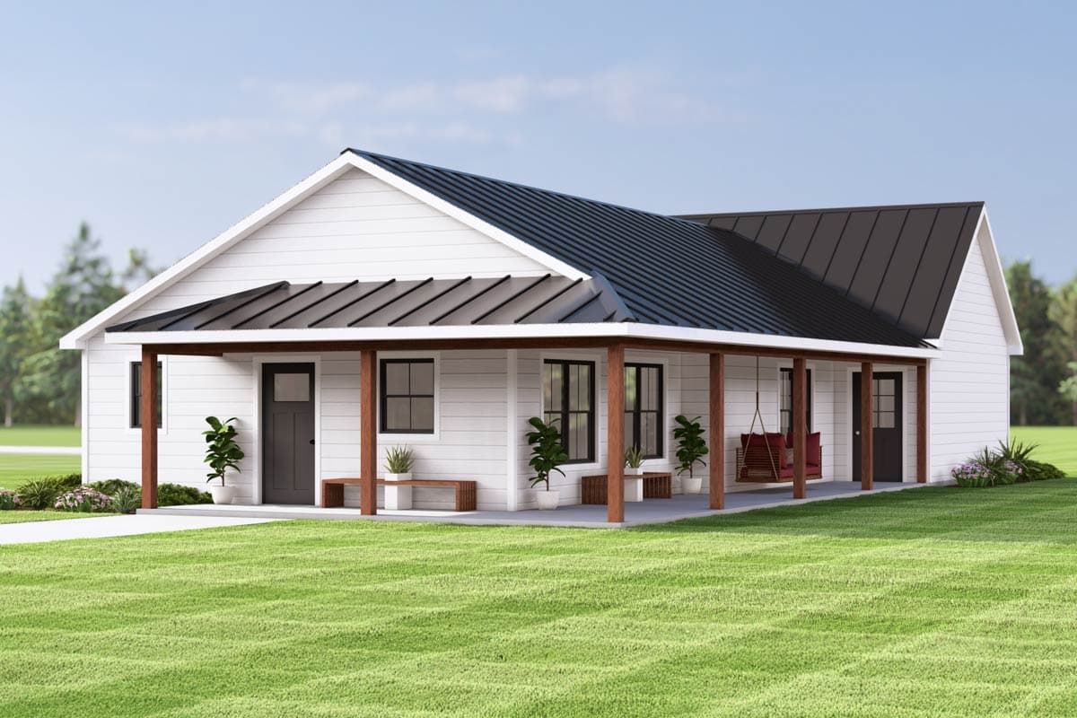 House plan exterior featuring a farmhouse style, single story, with a porch, gable roof, and dark metal roof.