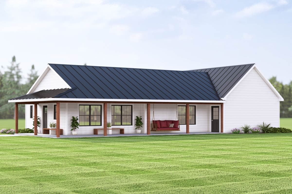 House plan exterior: Modern Farmhouse style, one story, with a covered porch, gables, and dark metal roof.