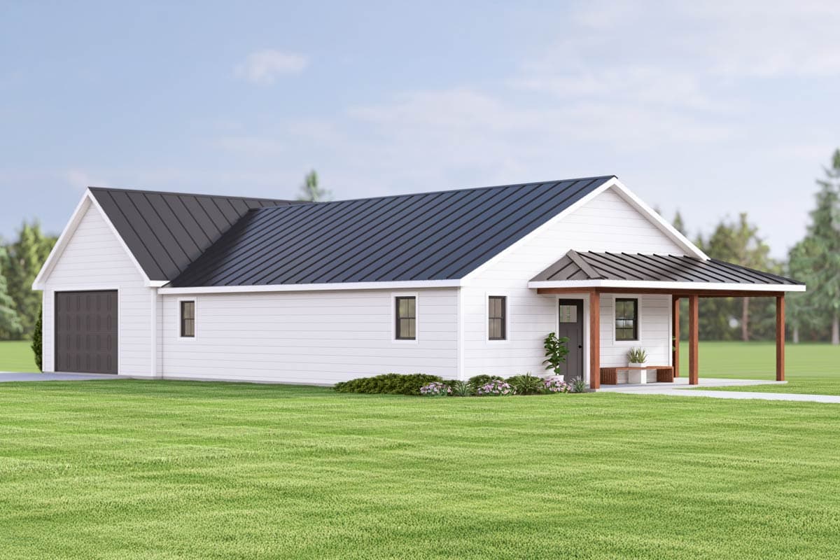 Ranch-style house plan exterior with a gabled front, side-entry garage, and covered porch with wooden posts.