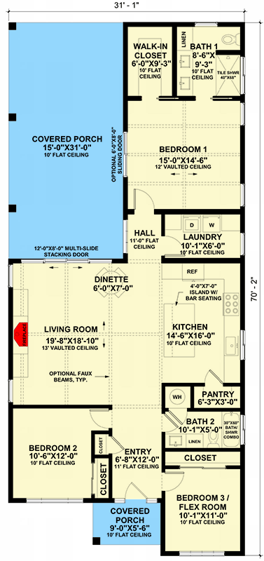 Plan 421015HFC: Charming 3-Bedroom Modern Cottage House Plan with Flexible Third Bedroom - Floor Plan - Main Level - Cottage, Country, Craftsman, New American