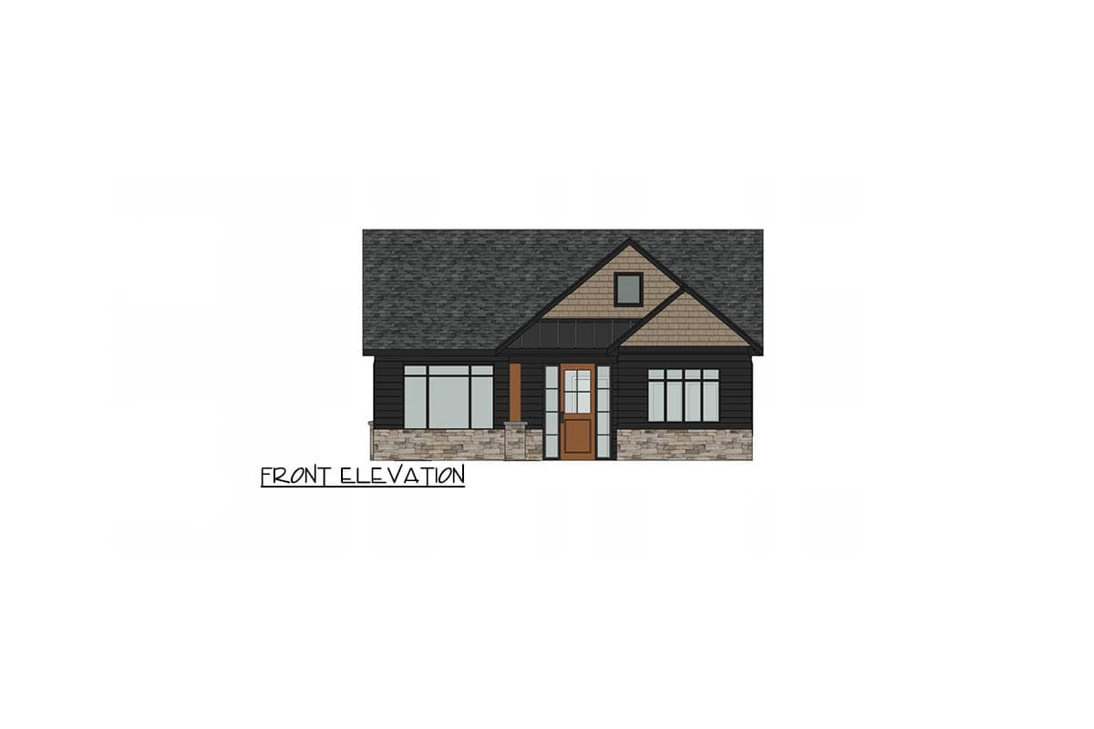 Front elevation rendering of a modern house, featuring dark siding, stone accents, and a gabled roof. A brown door and windows are visible.