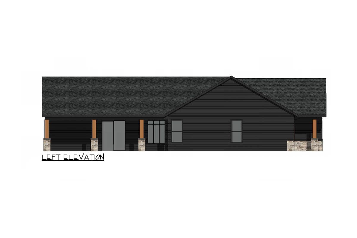 Architectural rendering of a modern home's left elevation. The exterior features dark siding, pillars with stone bases, and a gabled roof.