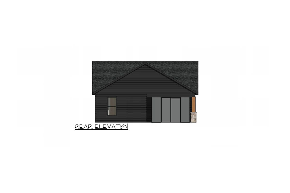 Architectural rendering of the rear elevation of a dark-clad house with a sloped roof, large sliding doors, and a stone-based support column.