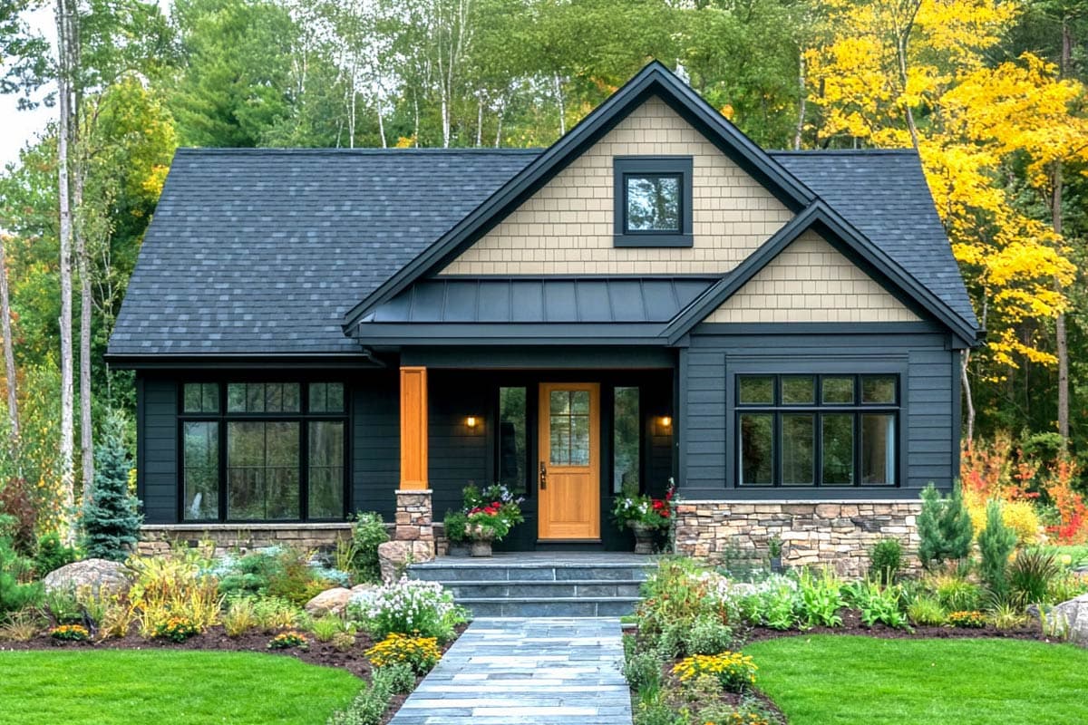 A modern, dark-colored house with a light wooden door sits amongst colorful landscaping and a forested backdrop with yellow leaves.