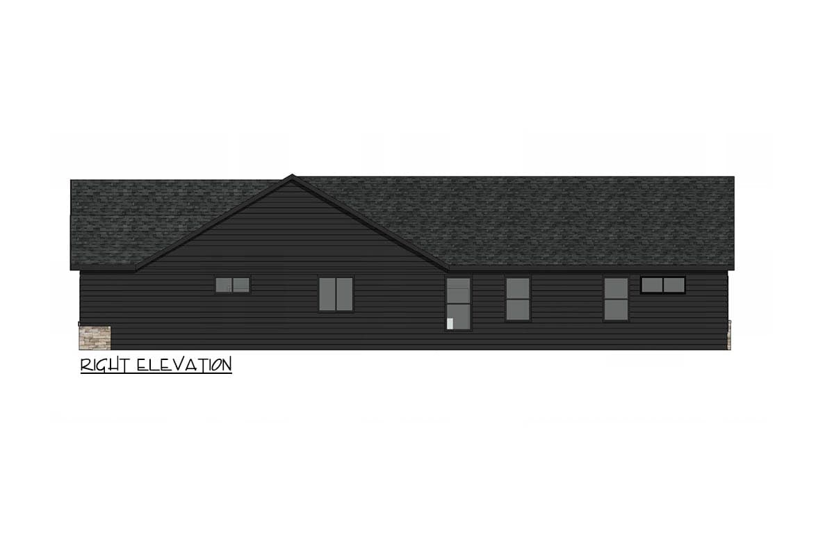 Architectural rendering of a modern house, showing the right elevation. The house has a dark exterior, multiple windows, and a textured roof.