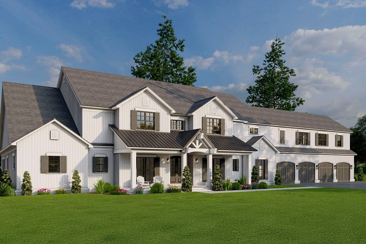 Modern Farmhouse house plan exterior with multiple gables, board-and-batten siding, a covered porch, and a four-car garage.
