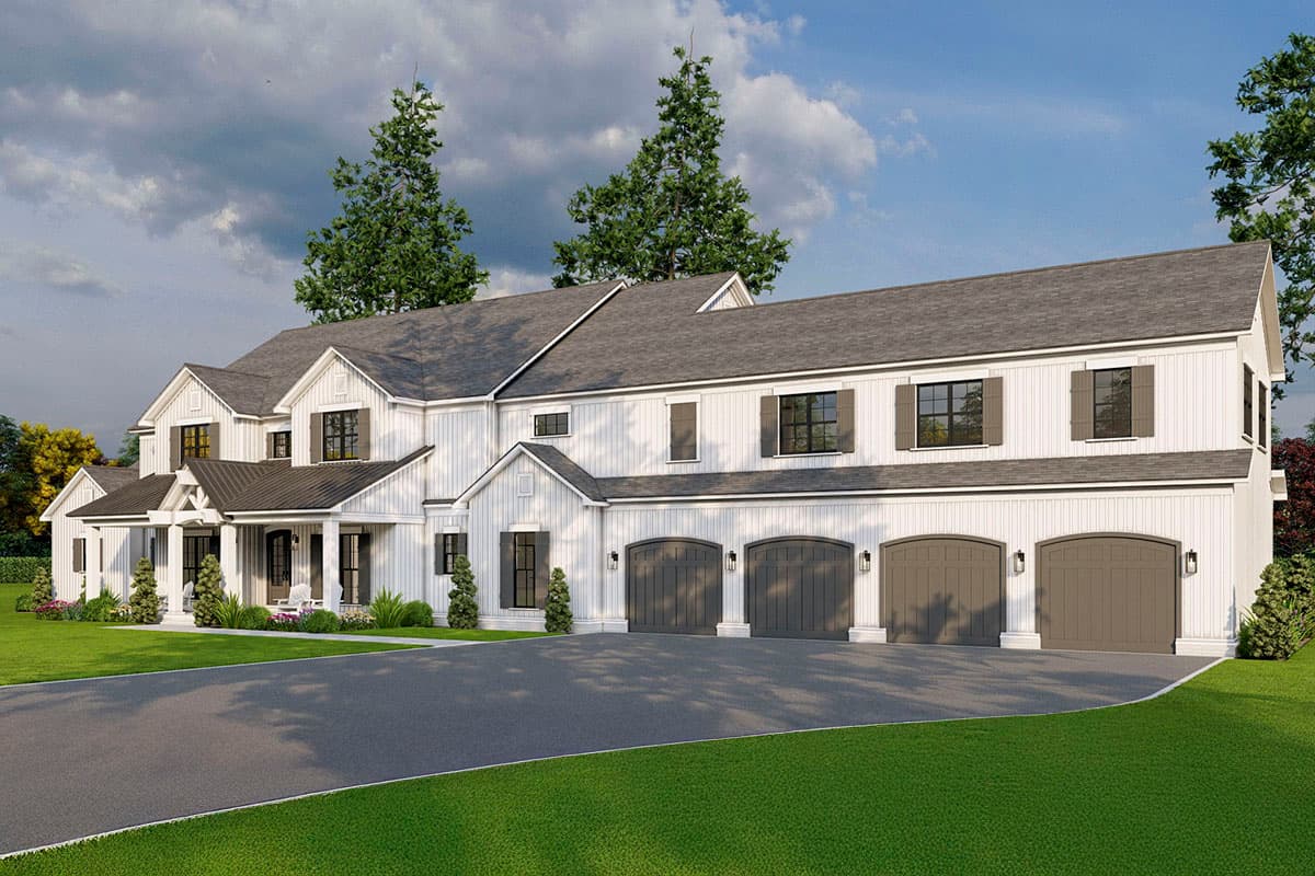Modern Farmhouse house plan exterior with a covered front porch, multiple gables, and a five-car garage.