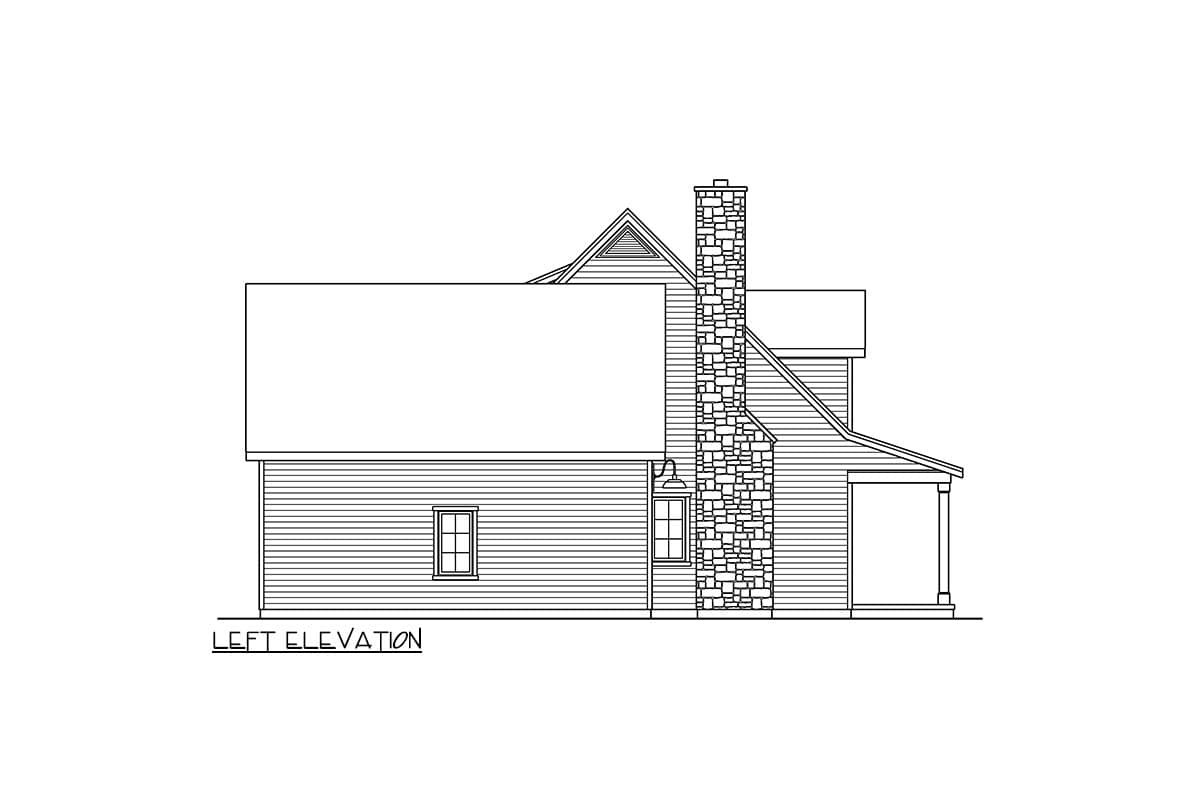 Left elevation house plan showing a gabled roof, stone chimney, siding, and a covered porch.