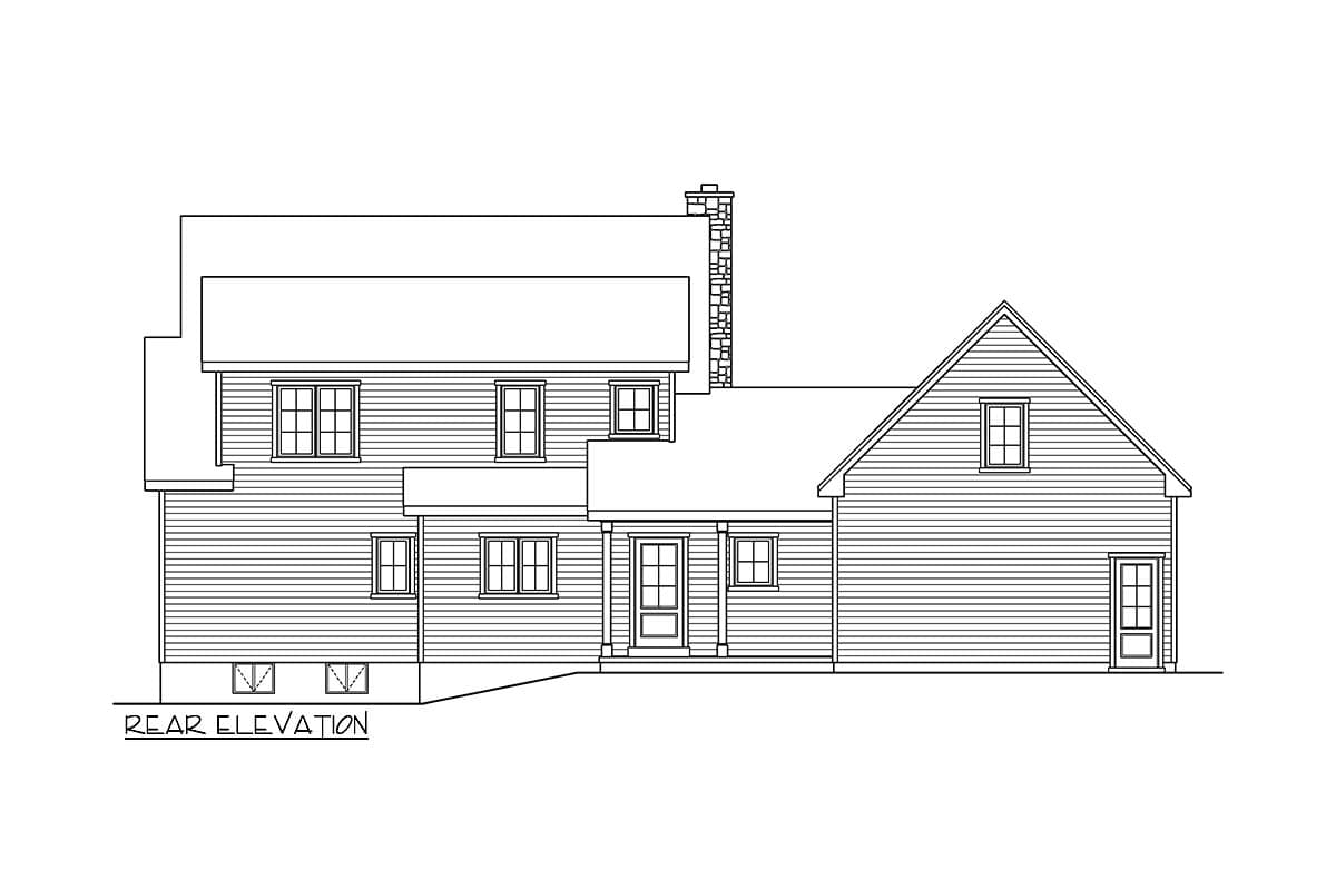 Rear elevation drawing of a house plan, showing a two-story main section with dormer and a single-story section with gabled roof and chimney.