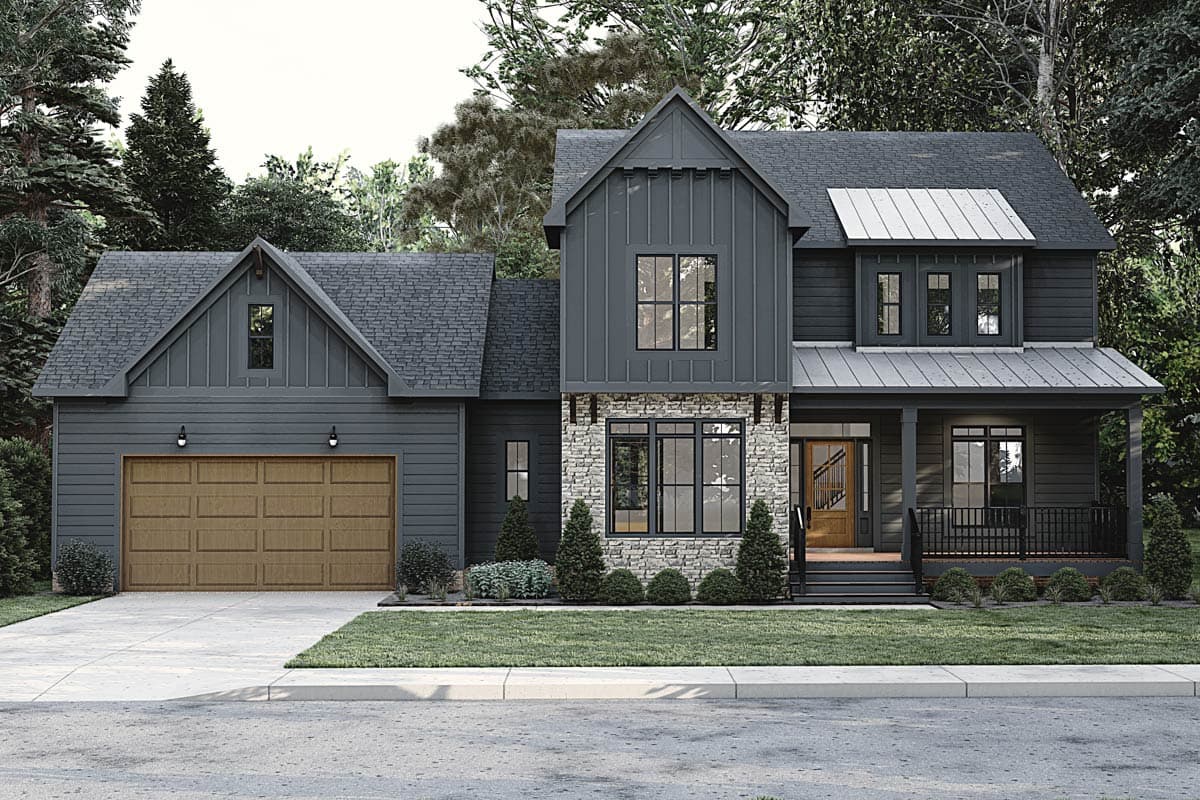 House plan exterior featuring Modern Farmhouse style, two stories, gabled roof, stone facade, and front porch with black railing.