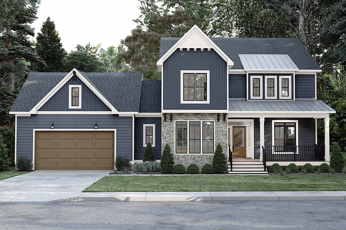 Modern Farmhouse house plan exterior with two stories, side-entry garage, stone accents, and covered front porch.