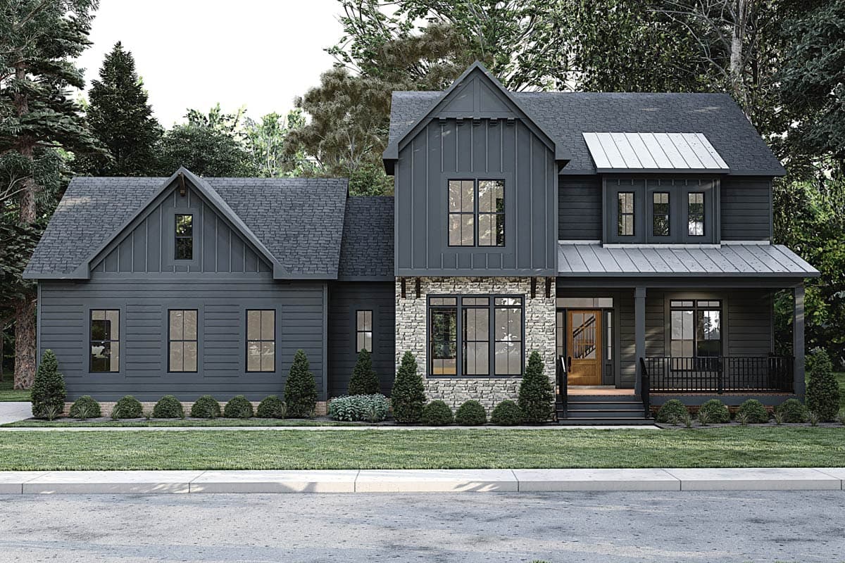 Modern Farmhouse house plan exterior with stone accents, covered front porch, multiple gables, and a metal dormer.