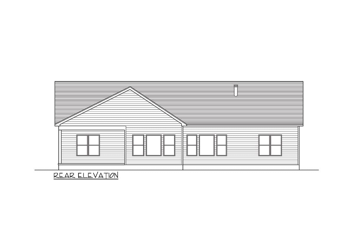 Rear elevation drawing of a one-story house plan featuring horizontal siding, a gable roof, and multiple rectangular windows.