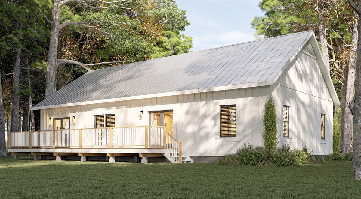 House plan exterior, single-story Modern Farmhouse style with a wraparound porch, gabled roof, and vertical siding.