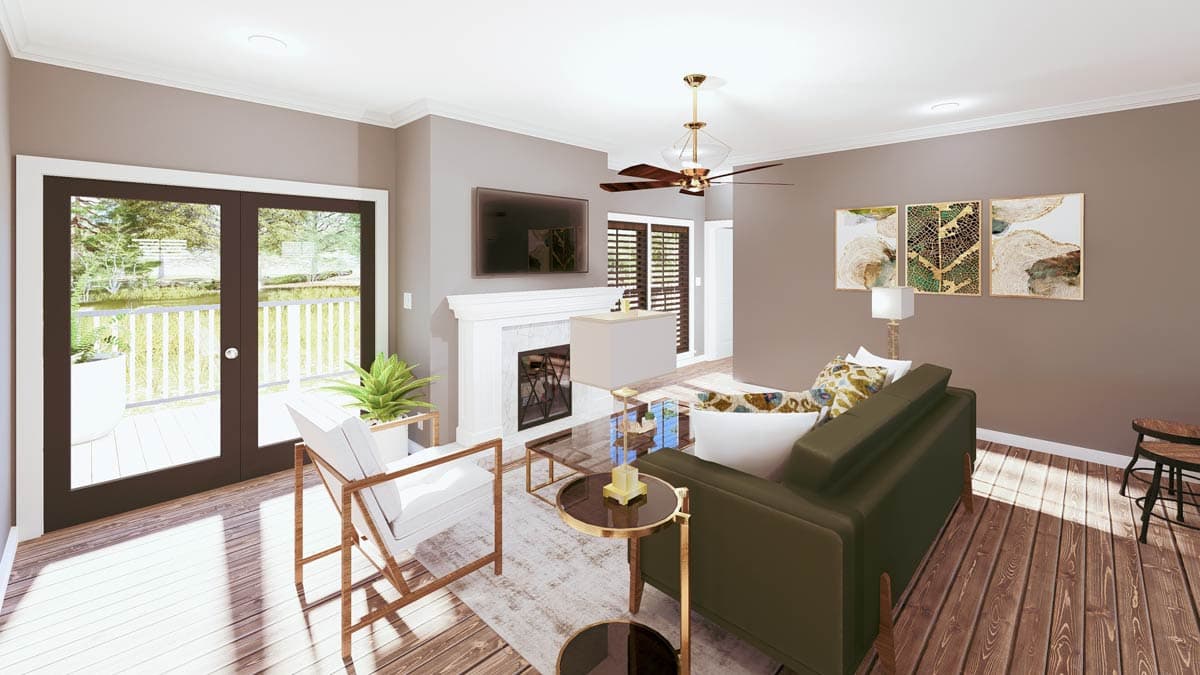 Great room rendering with fireplace, television, seating, and double glass doors to deck.
