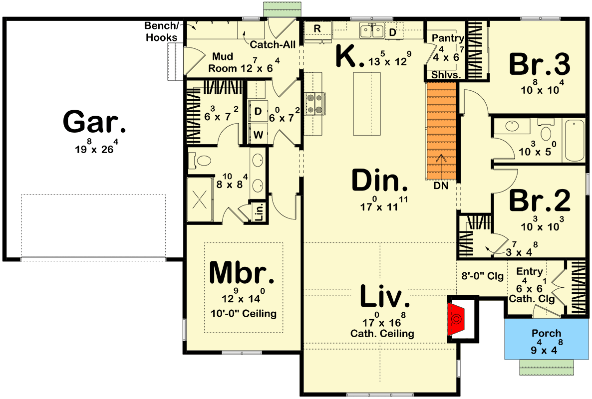Plan 623493DJ: Single-Story Cottage House Plan with Split-Bedrooms - 1695 Sq Ft - Floor Plan - Main Level - Cottage, European