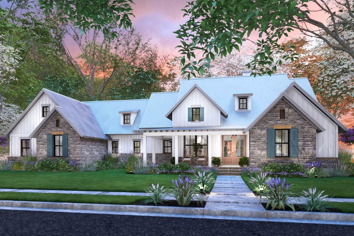 House plan exterior. Farmhouse style with stone accents, metal roof, gables, and a front porch. Features dormer windows and shutters.